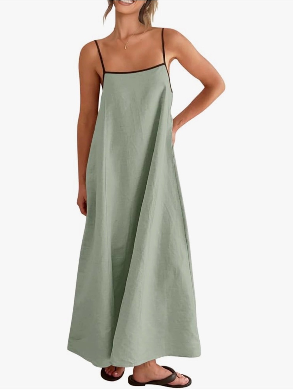 Shy Velvet Linen Maxi Dress Contrast Straps Size Medium Green Beach Lagenlook